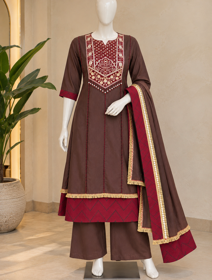 Brown Geeta Muslin Anarkali suit set