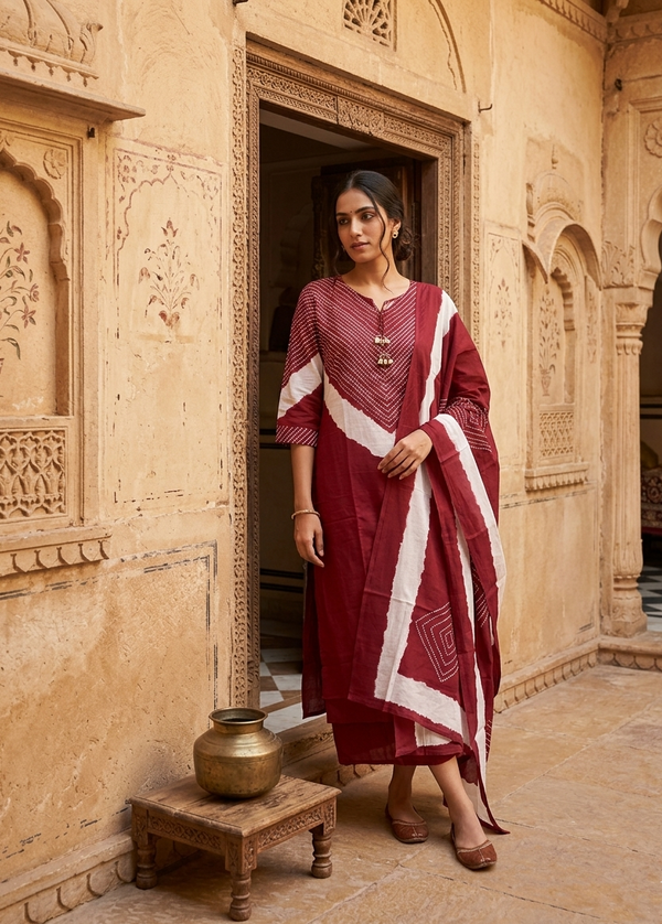 Red Bandini Cotton Suit set   - Best seller