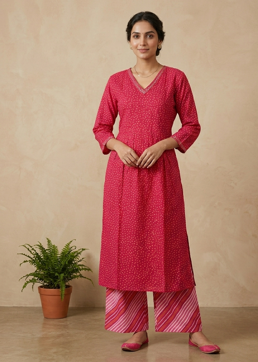 Divi Pink Bhandini Cotton Kurta Bottom Set