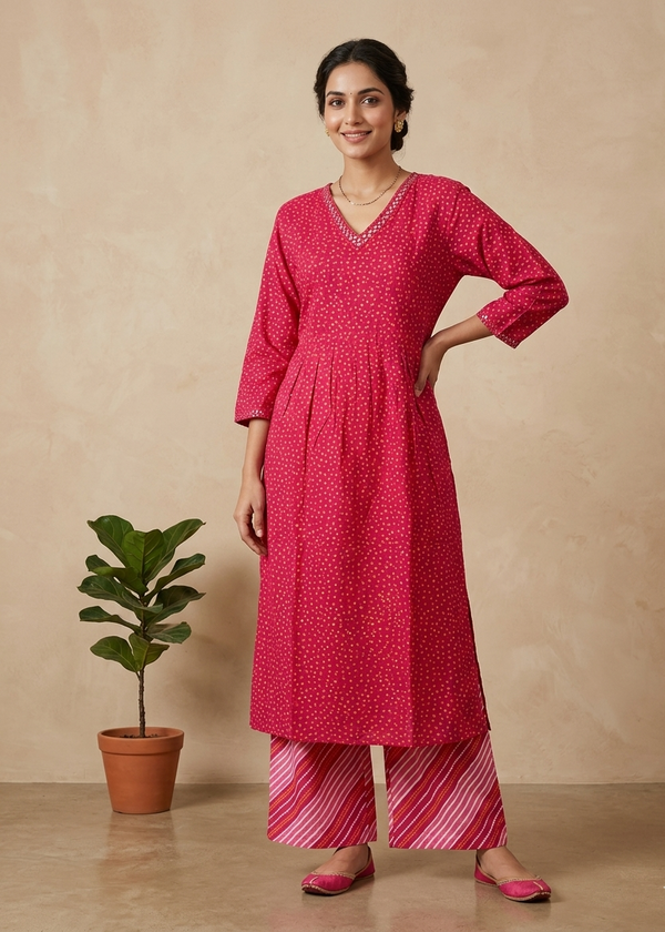 Divi Pink Bhandini Cotton Kurta Bottom Set
