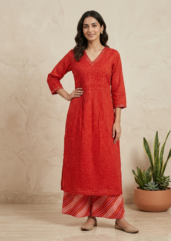 Divi Red Bandini cottton Kurta Bottom Set