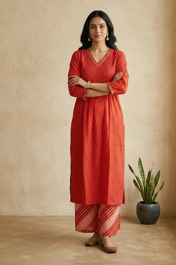 Divi Red Bandini cottton Kurta Bottom Set