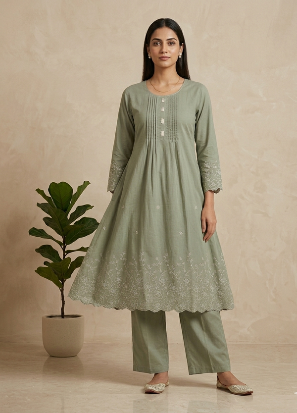 Dusty Green Lina A Line Cotton Kurta set