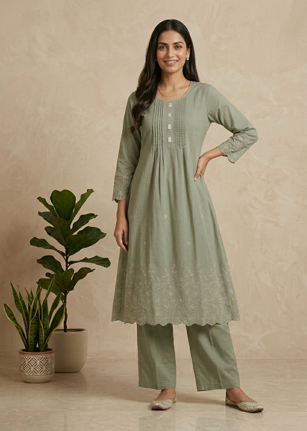 Dusty Green Lina A Line Cotton Kurta set