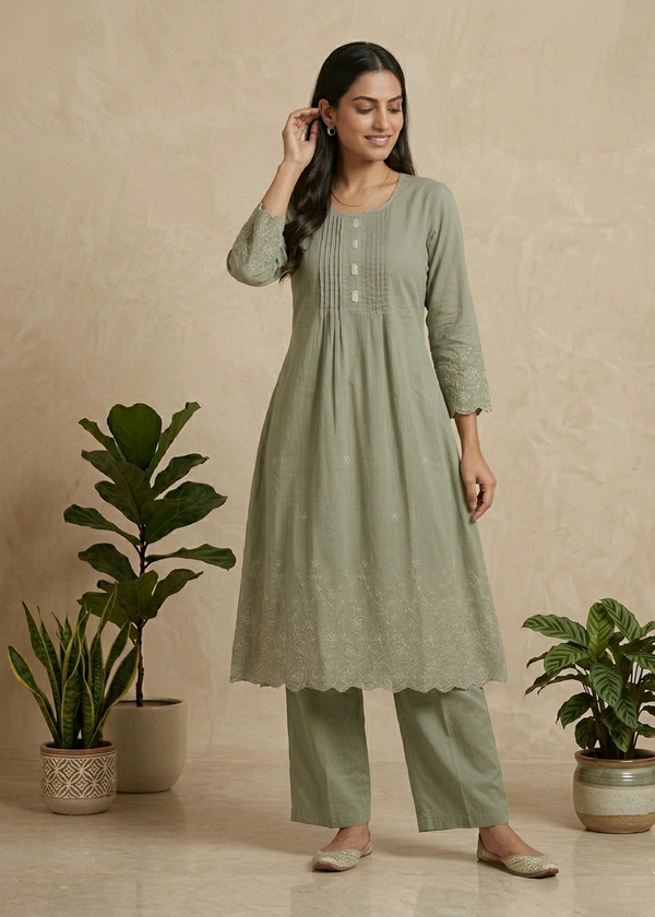 Dusty Green Lina A Line Cotton Kurta set