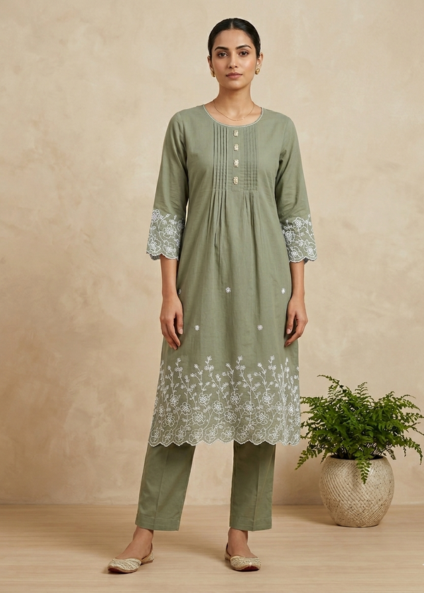 Dusty Green Lina A Line Cotton Kurta set
