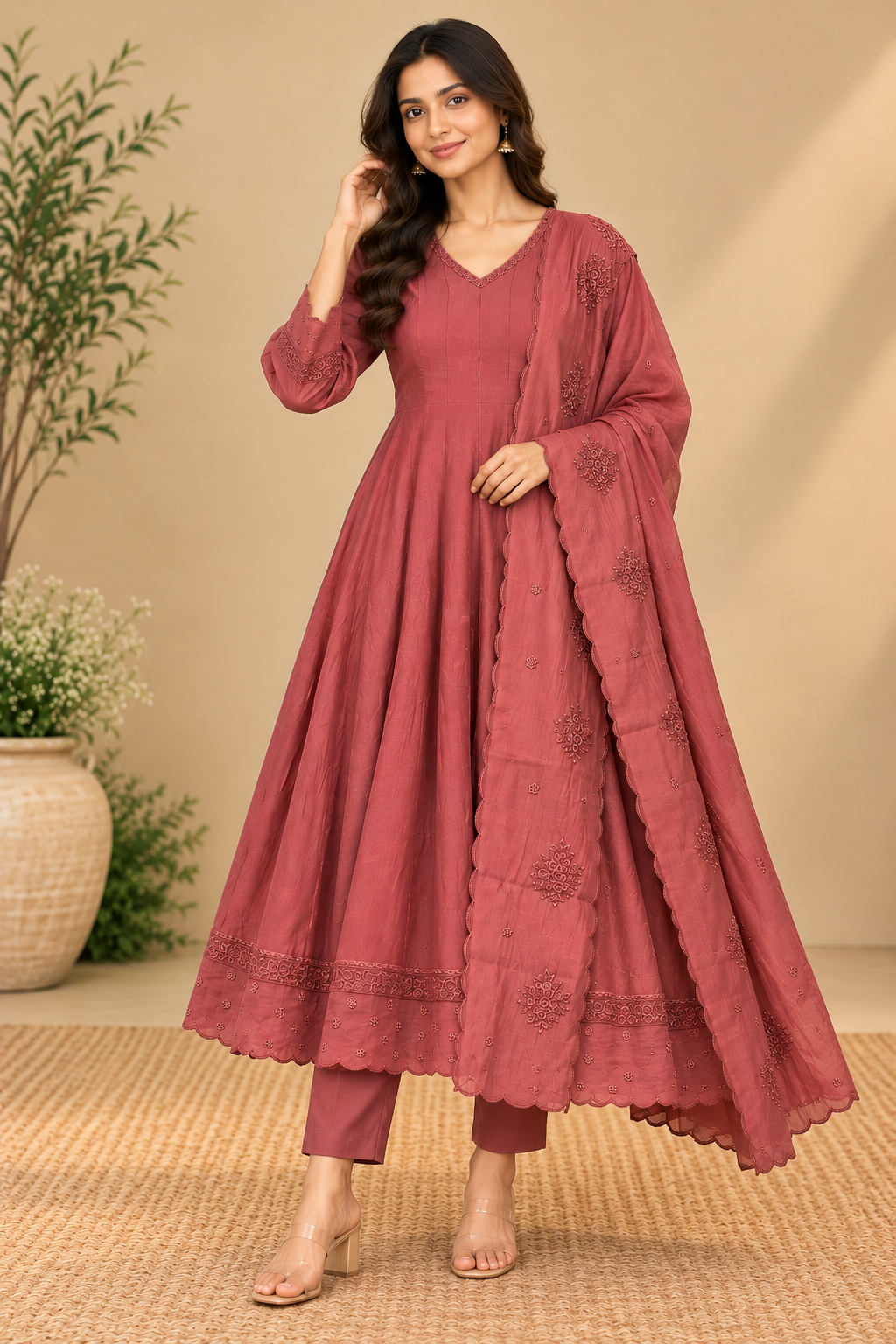 Onion pink Traya Mul chanderi Anarkali set - set of 3