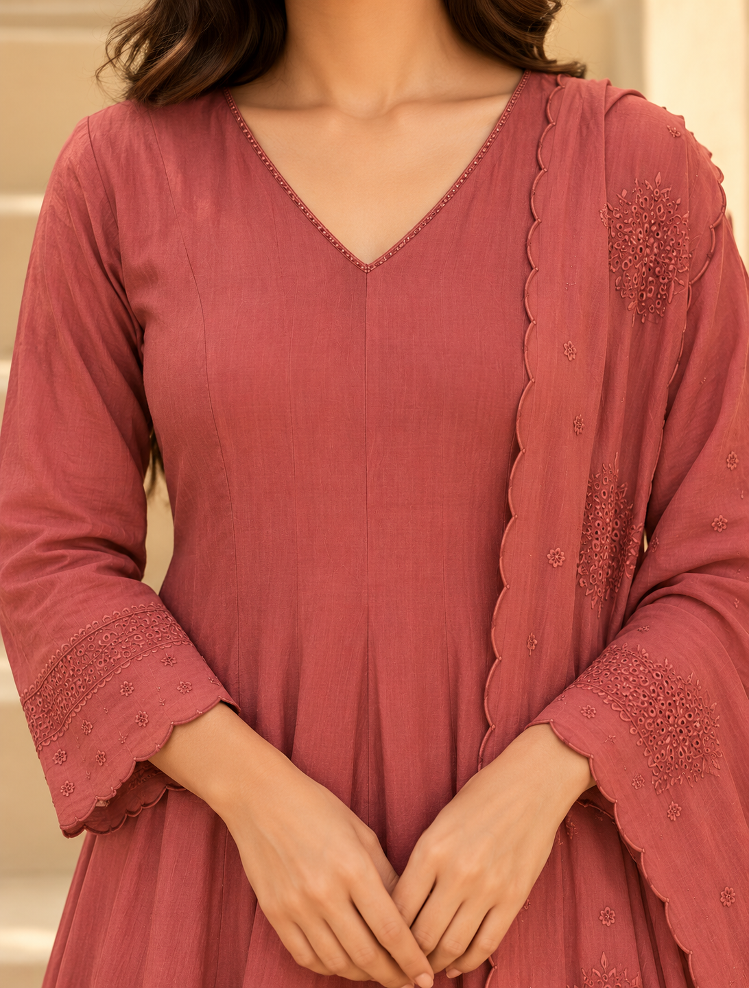 Onion pink Traya Mul chanderi Anarkali set - set of 3