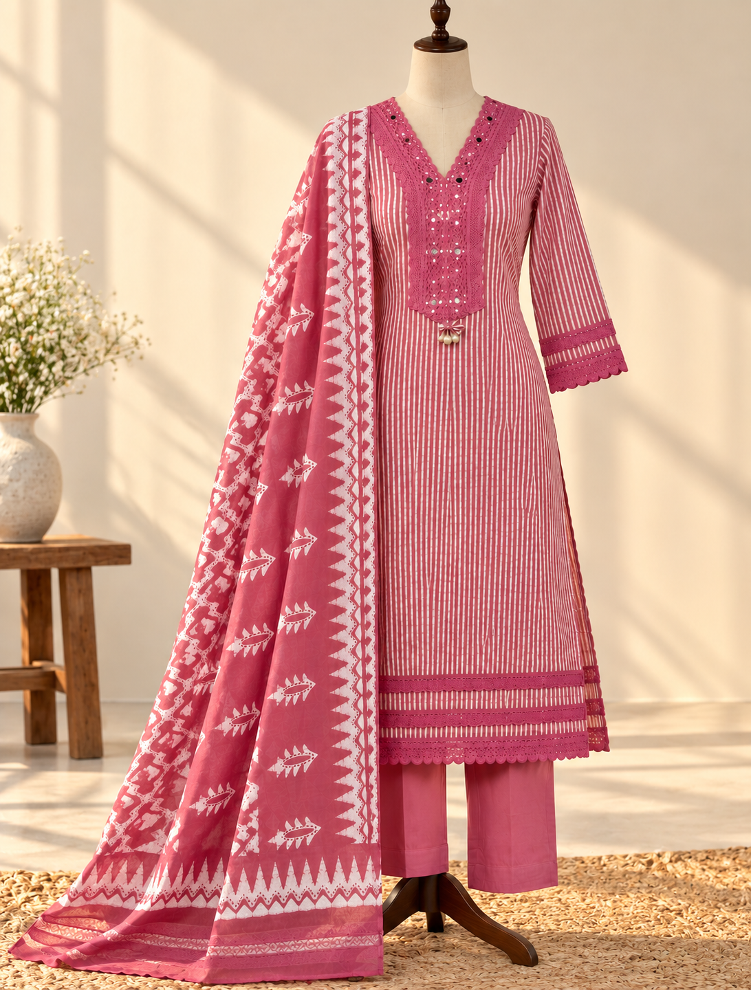 Pink Laya Shibori Cotton Suit set - Set of 3