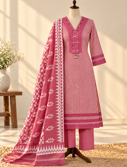 Pink Laya Shibori Cotton Suit set - Set of 3