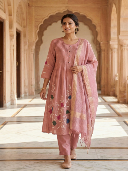Dusty pink Saras Mulchanderi A line Suit set - Set of 3