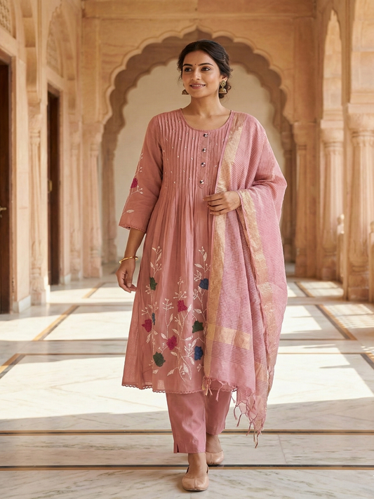 Dusty pink Saras Mulchanderi A line Suit set - Set of 3