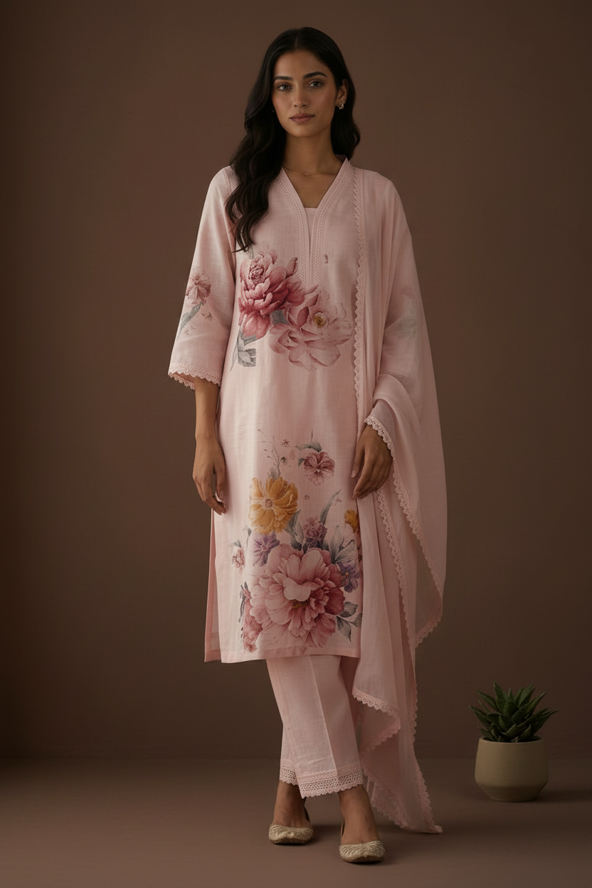 Pink Eka Semi lenin Suit set With Duppata