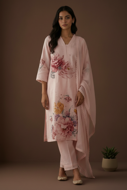 Pink Eka Semi lenin Suit set With Duppata