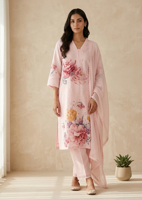 Pink Eka Semi lenin Suit set