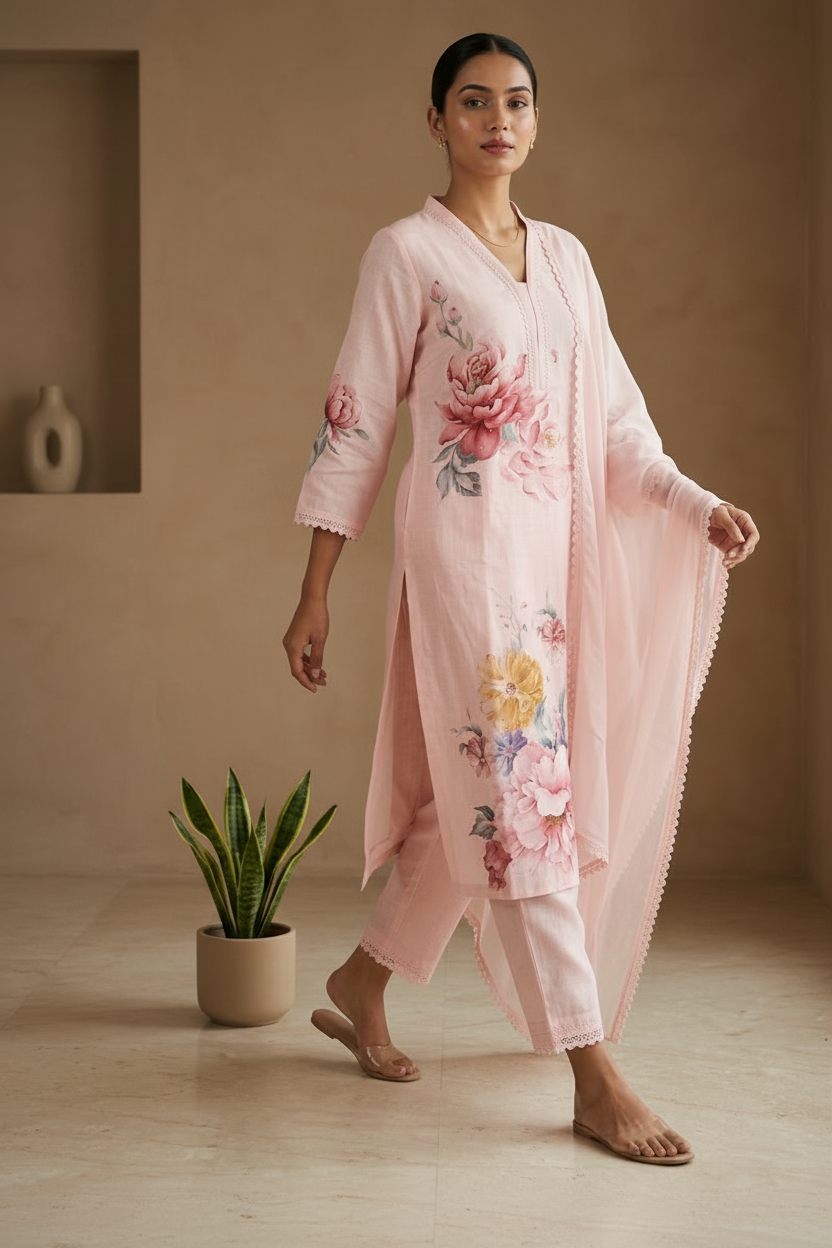 Pink Eka Semi lenin Suit set With Duppata