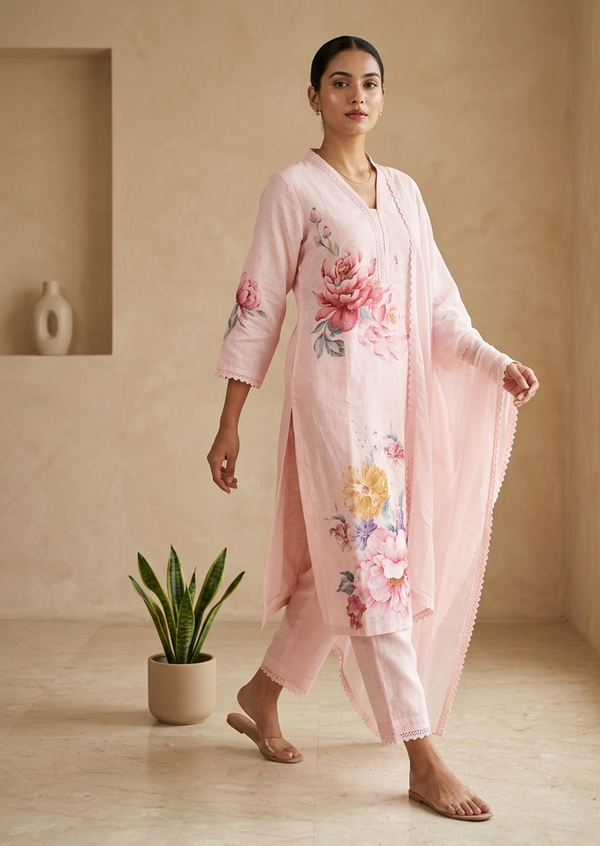 Pink Eka Semi lenin Suit set