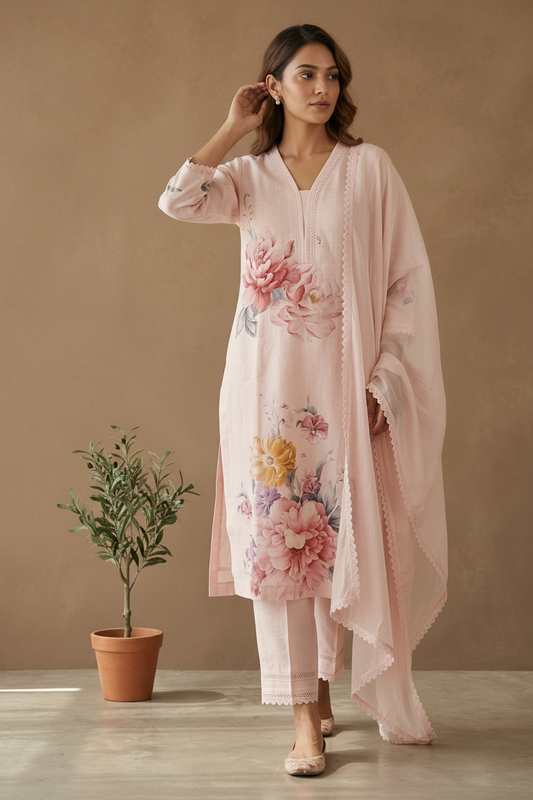 Pink Eka Semi lenin Suit set With Duppata