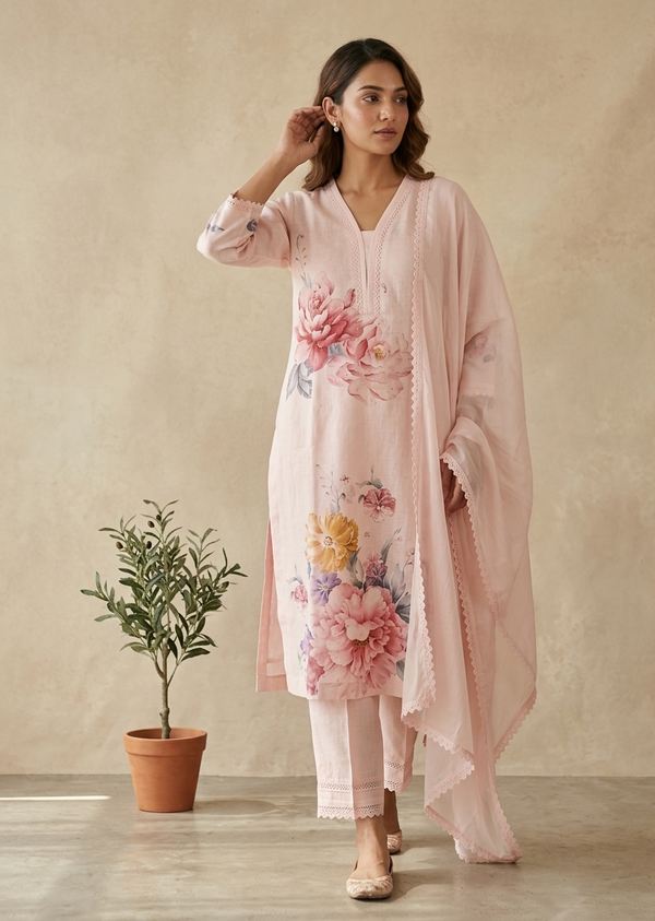 Pink Eka Semi lenin Suit set