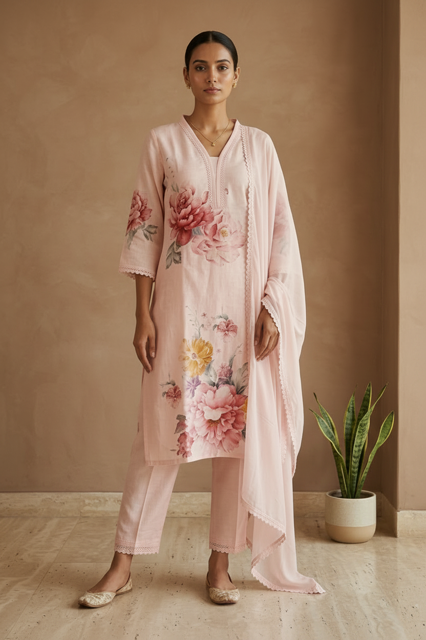 Pink Eka Semi lenin Suit set With Duppata