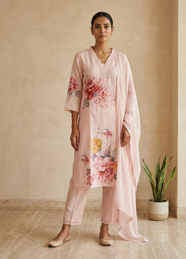 Pink Eka Semi lenin Suit set