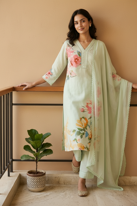 Pista Green Eka Semi lenin Suit Set