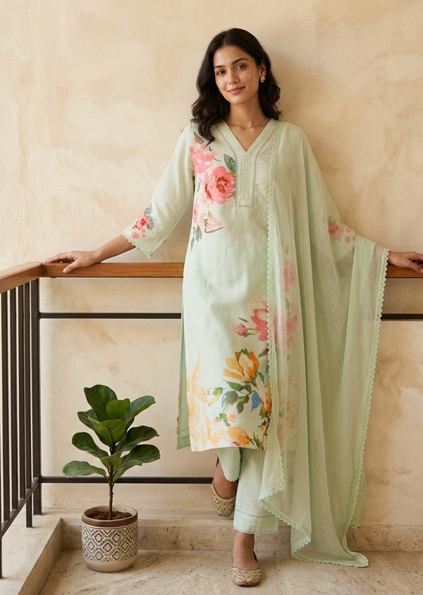 Pista Green Eka Semi lenin Suit Set