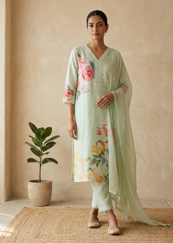 Pista Green Eka Semi lenin Suit Set