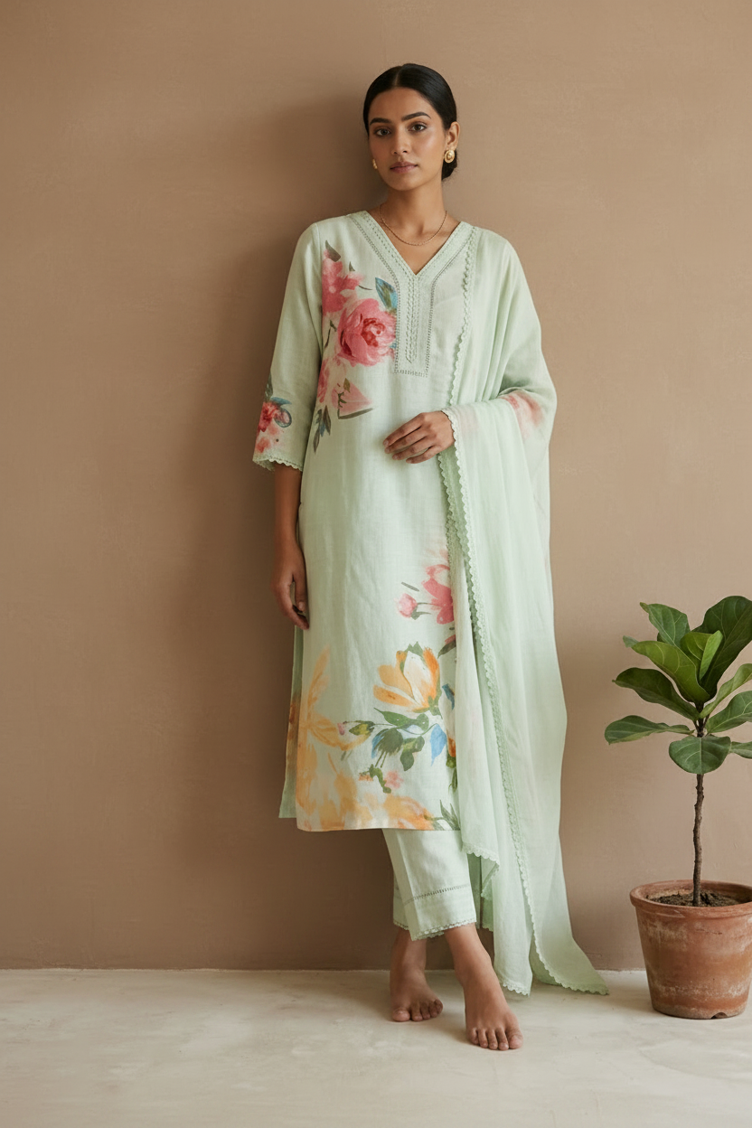 Pista Green Eka Semi lenin Suit Set