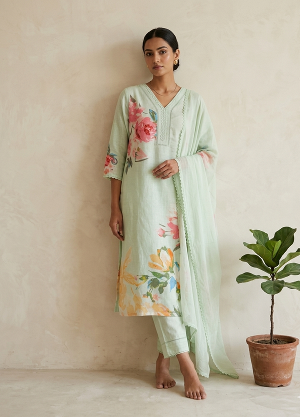 Pista Green Eka Semi lenin Suit Set