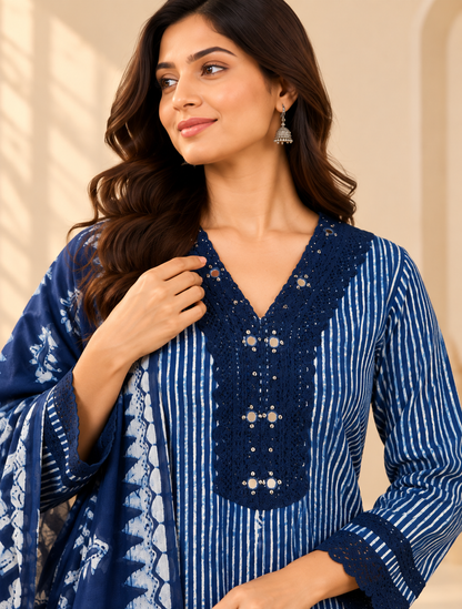 Indigo Laya Shibori Cotton Suit set - Set of 3