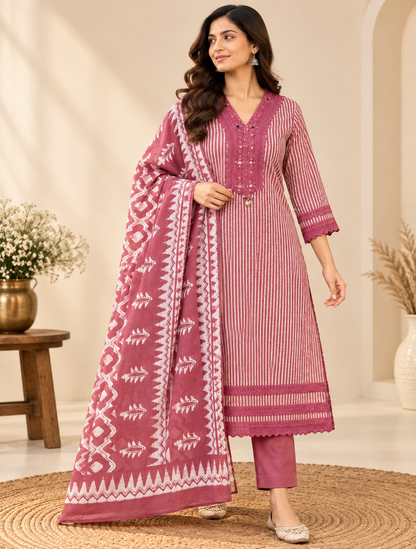 Pink Laya Shibori Cotton Suit set - Set of 3