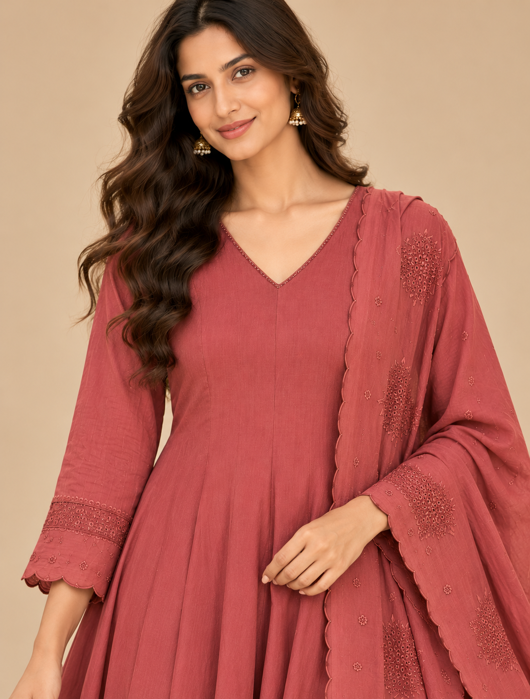 Onion pink Traya Mul chanderi Anarkali set - set of 3