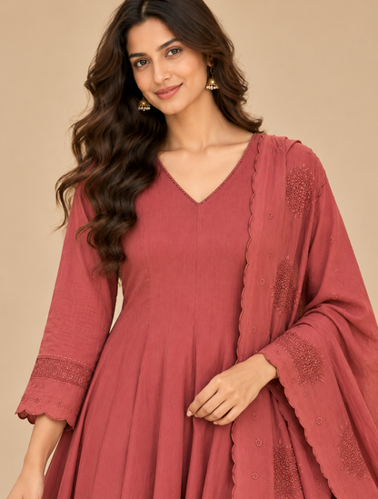 Onion pink Traya Mul chanderi Anarkali set - set of 3