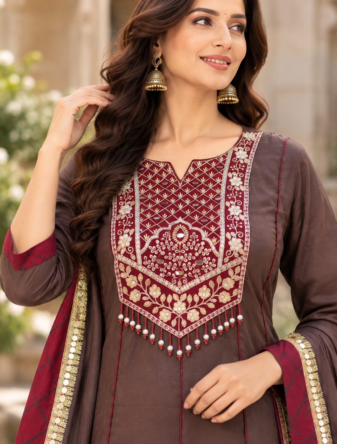 Brown Geeta Muslin Anarkali suit set
