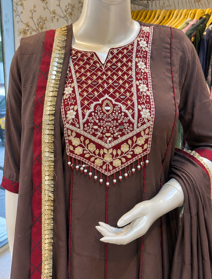 Brown Geeta Muslin Anarkali suit set