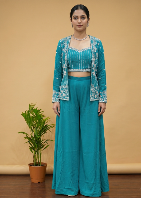 Ferozi  Zoya Chinon Silk Handcrafted Crop Top, Jacket  Palazzo Set