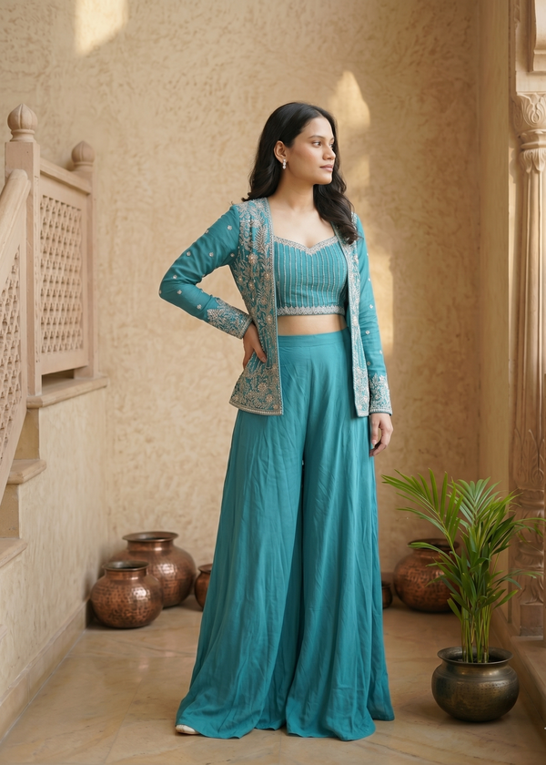 Ferozi  Zoya Chinon Silk Handcrafted Crop Top, Jacket  Palazzo Set