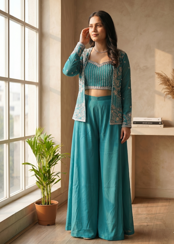 Ferozi  Zoya Chinon Silk Handcrafted Crop Top, Jacket  Palazzo Set
