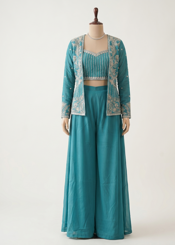 Ferozi  Zoya Chinon Silk Handcrafted Crop Top, Jacket  Palazzo Set