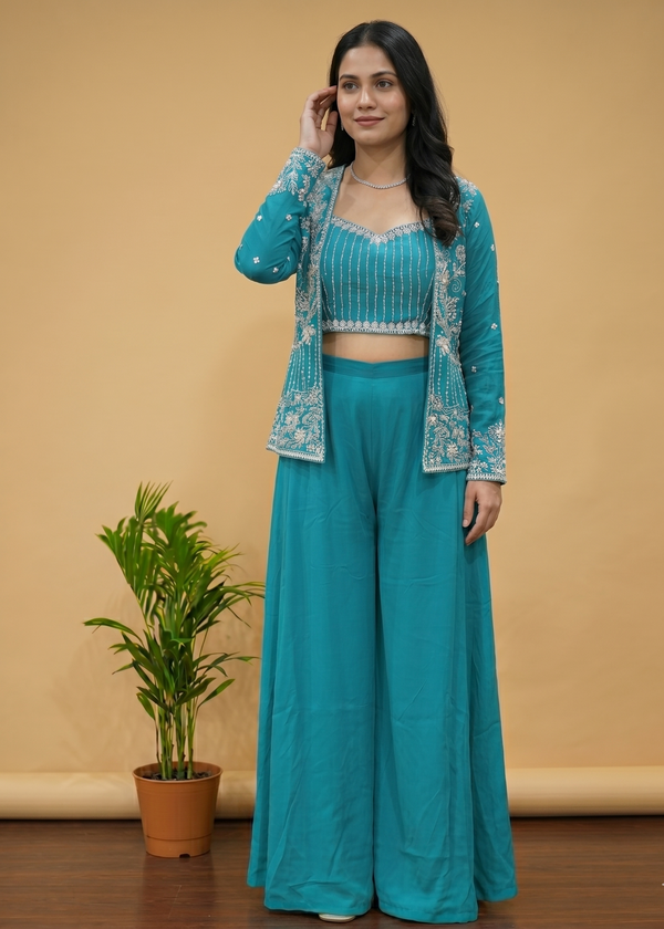 Ferozi  Zoya Chinon Silk Handcrafted Crop Top, Jacket  Palazzo Set