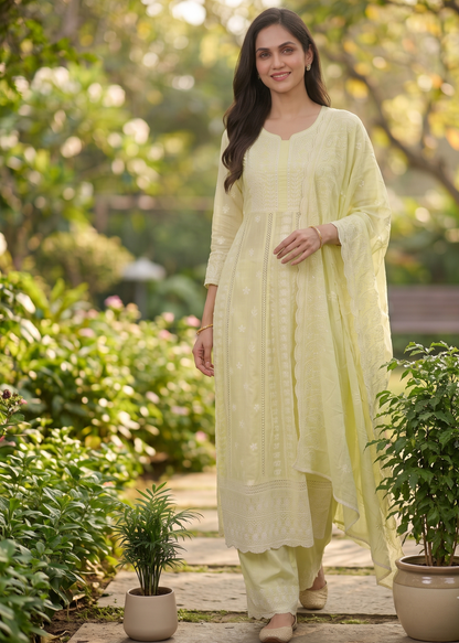 Pastel Green Mysha Mul Cotton Chikankari Anarkali Suit Set