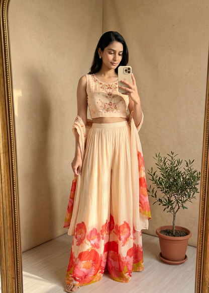 Peach Ishani Chinon silk Indowestern set