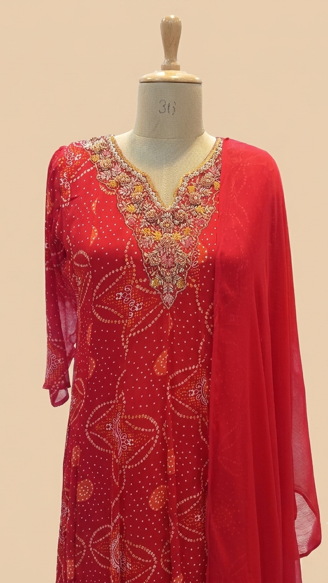 Red Nithya Bandani Print Partywear Suit Set With Dupatta