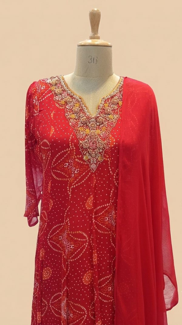 Red Nithya Bandani Print Partywear Suit Set With Dupatta