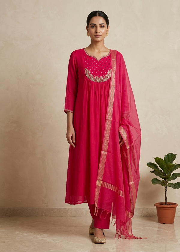 Pink Tanvi Mulchanderi Silk A-LINE suit set-3