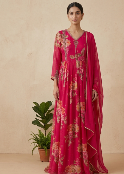 Pink Visra Floral Chinon Silk Gown With Dupatta