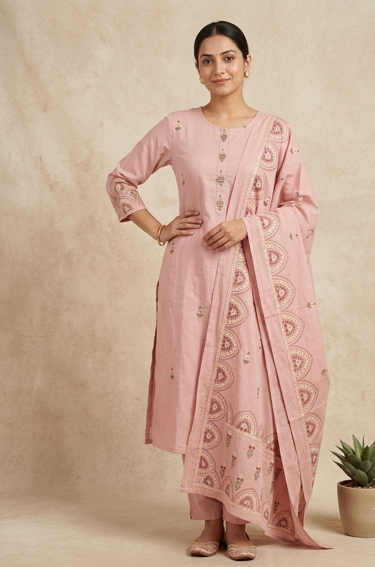 Blush Pink Kirya Mul Cotton Suit Set With Dupatta