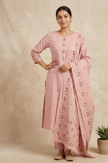 Blush Pink Kirya Mul Cotton Suit Set With Dupatta