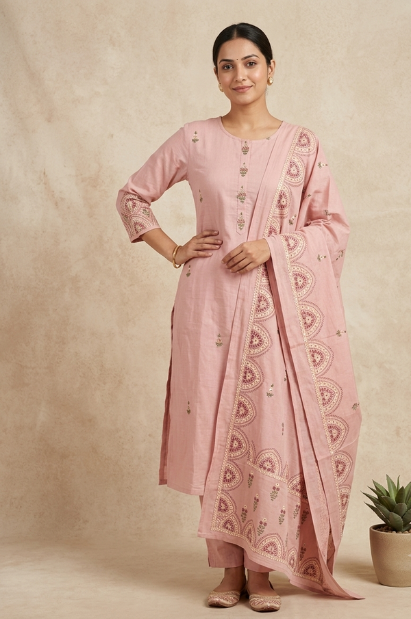 Blush Pink Kirya Mul Cotton Suit Set With Dupatta